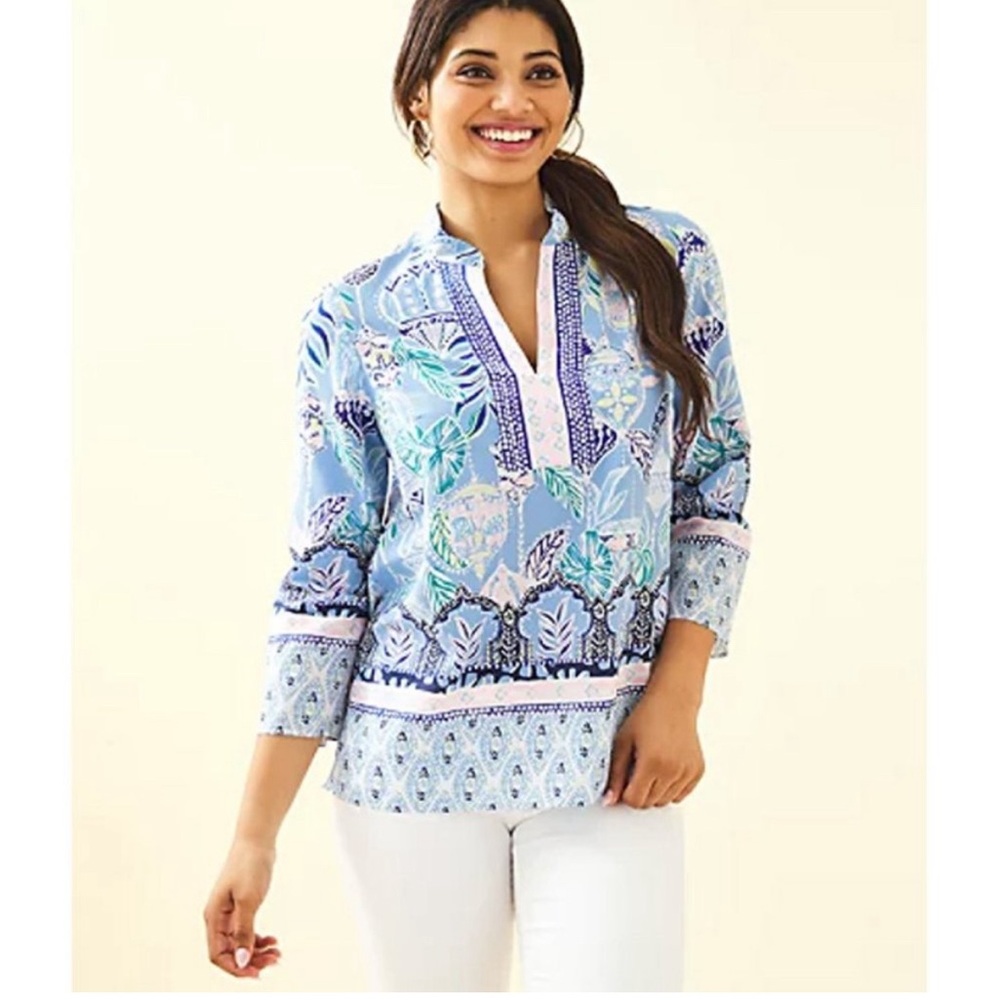 Lilly Pulitzer Asani Tunic Top Blue Peri Lapis Lanterns Silk Blend Blouse‎